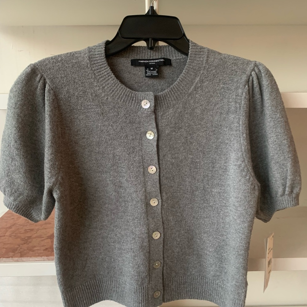 French Connection Heather Gray  Wool Mix Short Sleeve Cardigan NWT